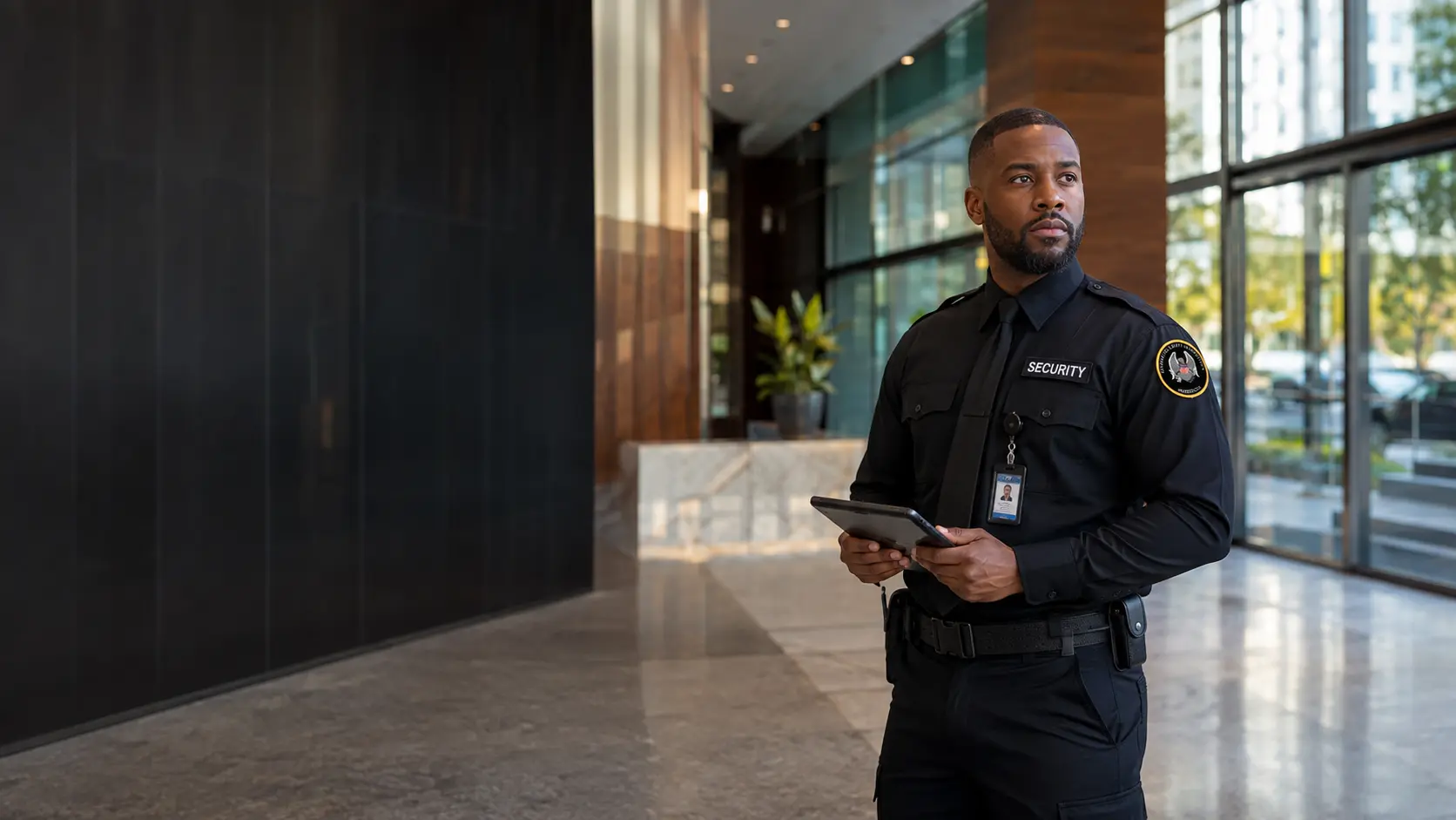 Representative LSS security officer monitoring a modern commercial lobby